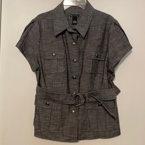 New Directions size Petite Large short sleeve gray jacket with belted waist